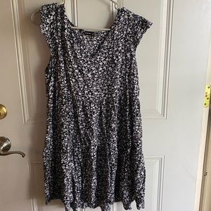 V-Neck Ruffled Trim Smocked Black and White Floral Dress